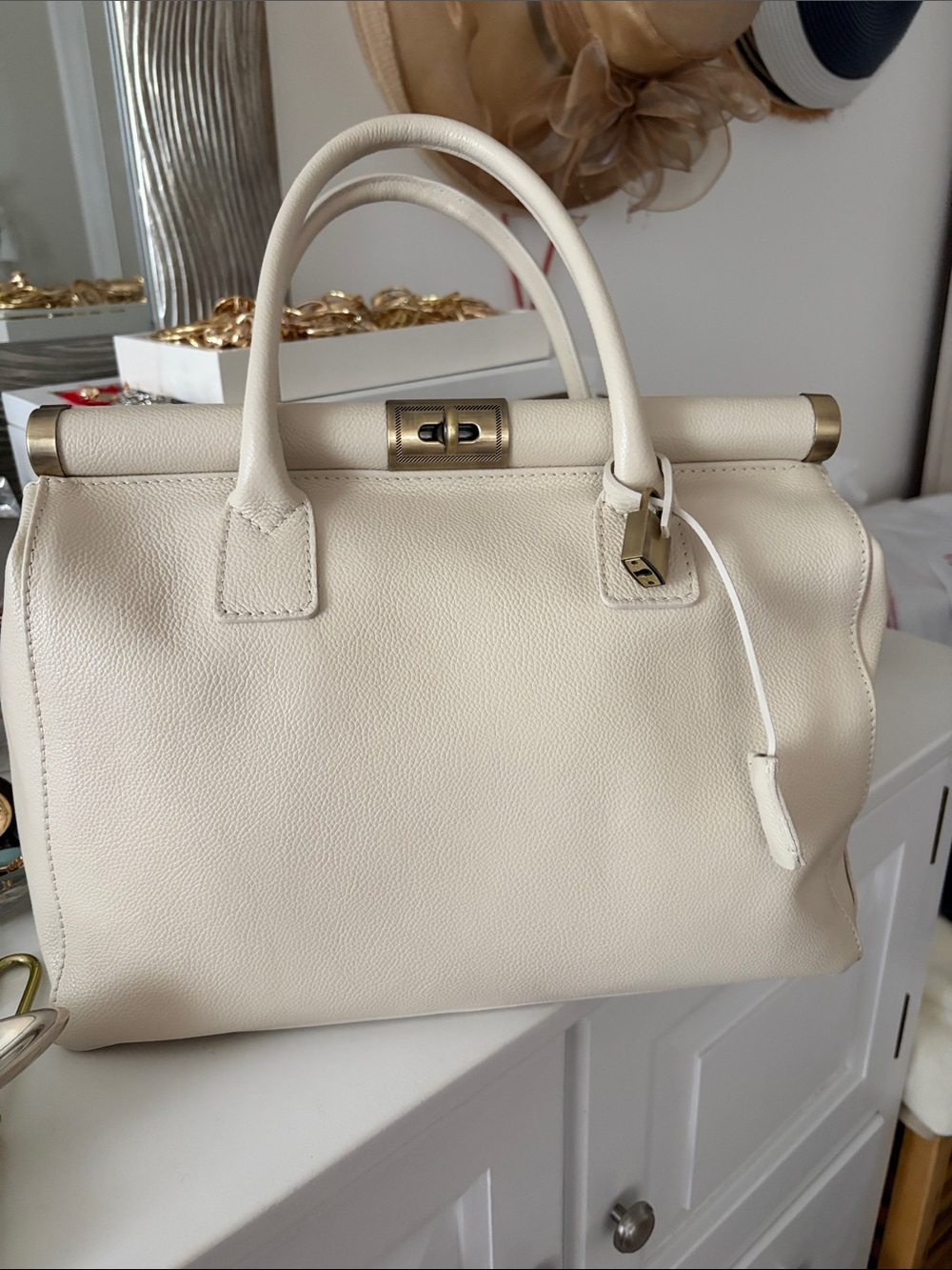 Cream Structured Leather Top-Handle Satchel